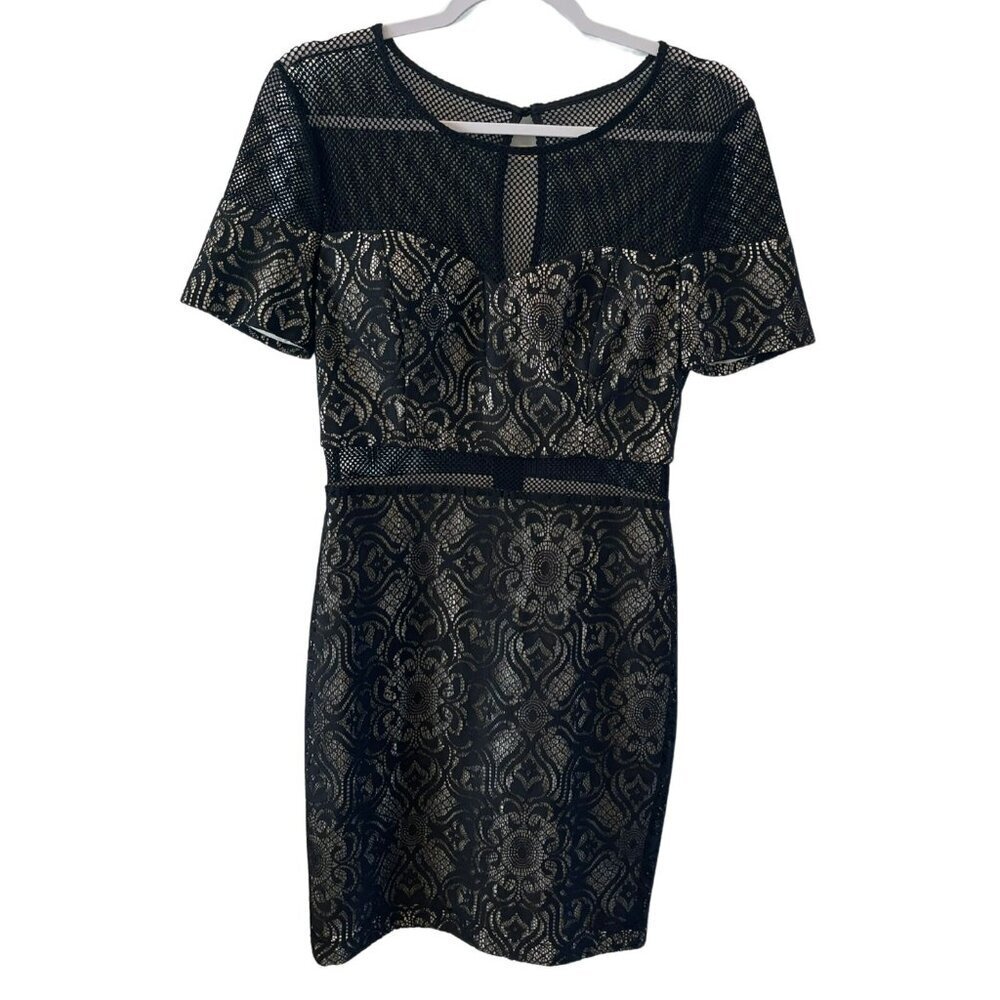 Guess Black Lace Bodycon Dress 6 mesh top and waist inset lined lightly padded